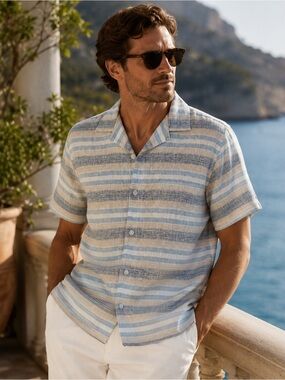 Collection by Michael Strahan Men’s 100% Linen Camp Shirt Striped M NWT